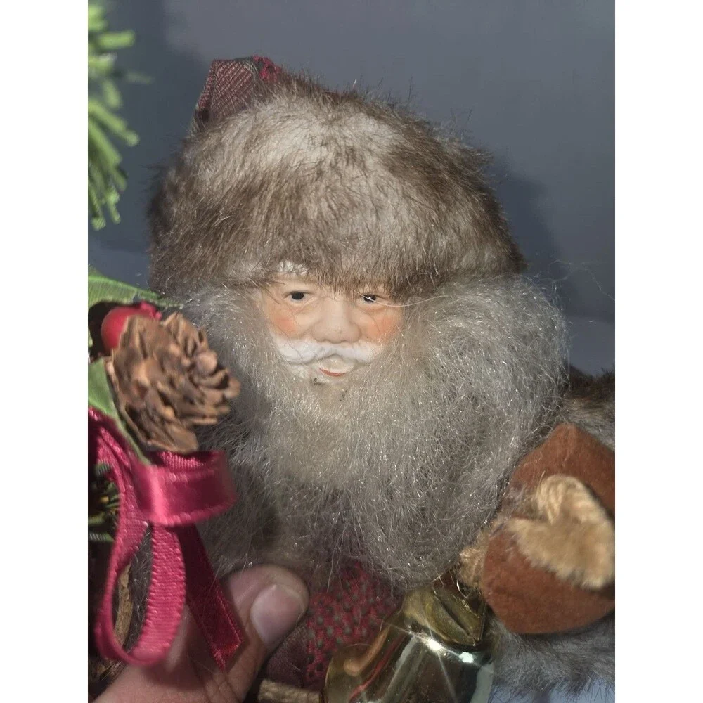 Rustic Santa Claus Fabric & Faux Fur Figurine w/ Bell & Staff Indoor Decor